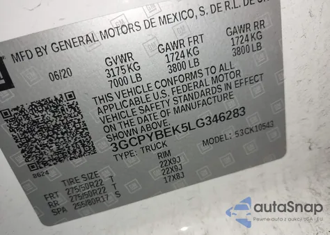 2020 Chevrolet Silverado 1500 4Wd Short Bed Custom z USA, uszkodzony, nr VIN 3GCPYBEK5LG346283